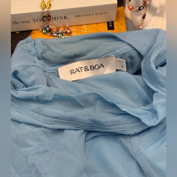 🆕 RAT & BOA 🧿 NWOT Freja Slinky Baby Blue Tie-Waist T-Shirt Mini Dress, Sz L - Picture 13 of 16